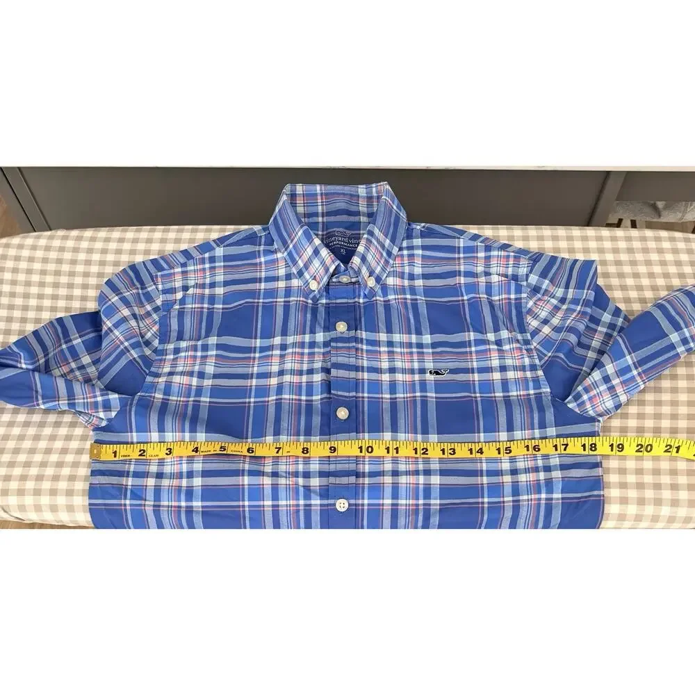 Vineyard Vines Performance Shirt Boys XL 18 Blue White Plaid Long Sleeve Logo